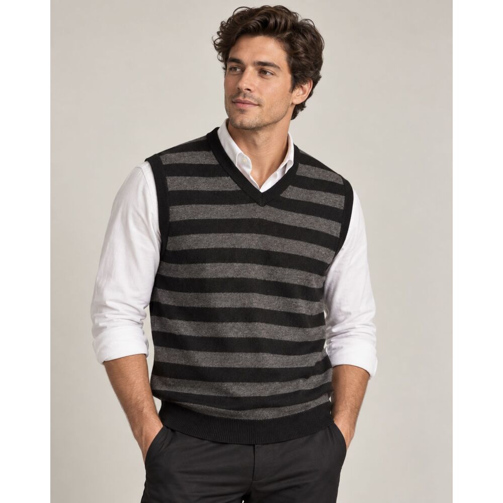 Garret Scott 100% Extra Fine Merino Wool Sweater Vest Men’s L Black Gray Stripe